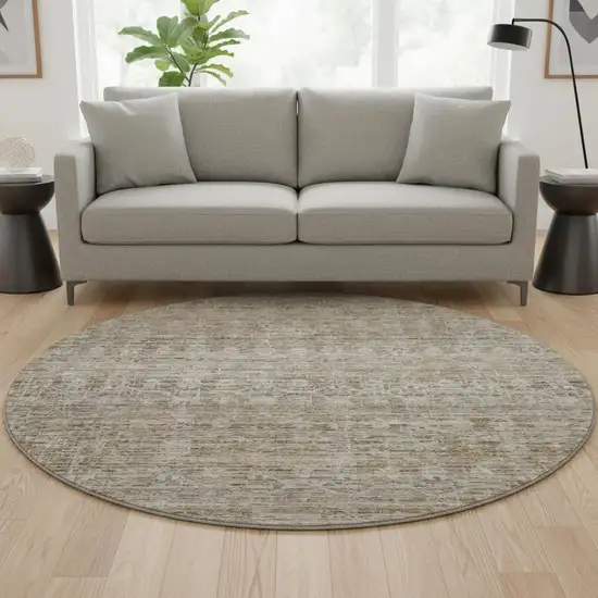 8' Brown And Beige Striped Washable Round Rug With UV Protection Photo 2