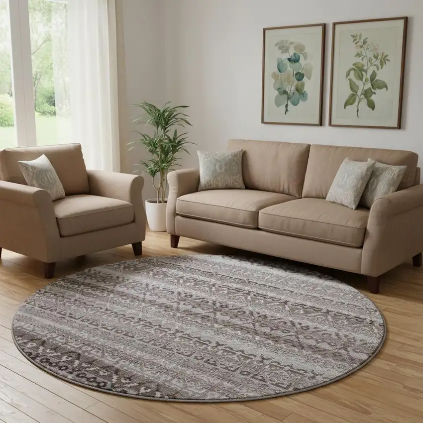 8' Brown And Beige Striped Washable Round Rug With UV Protection Photo 2