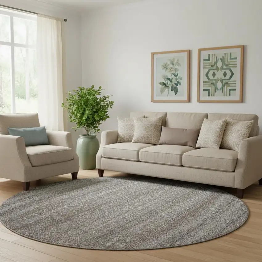 8' Brown And Beige Striped Washable Round Rug With UV Protection Photo 2