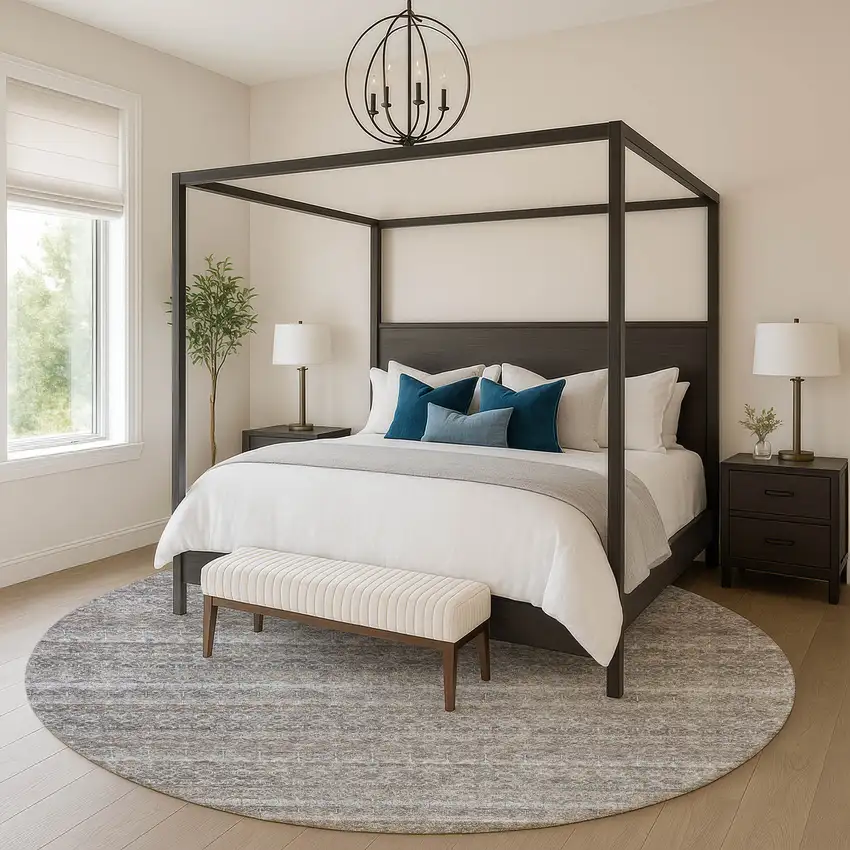 8' Brown And Beige Striped Washable Round Rug With UV Protection Photo 5