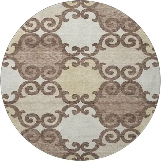 8' Brown And Beige Trellis Washable Round Rug With UV Protection Photo 4