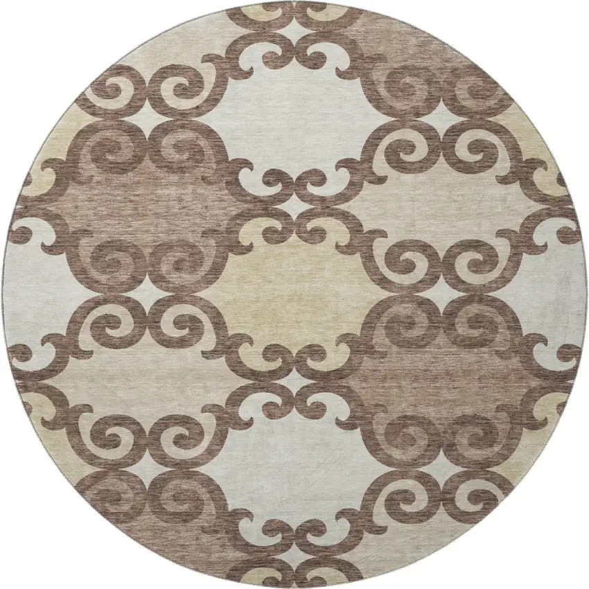 8' Brown And Beige Trellis Washable Round Rug With UV Protection Photo 4