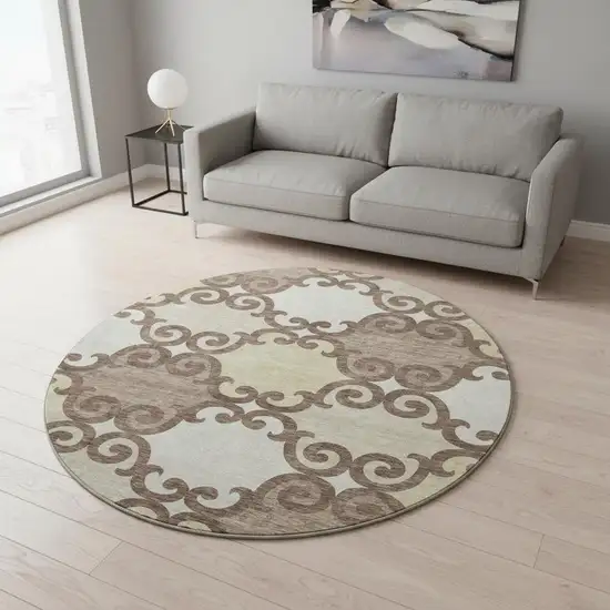 8' Brown And Beige Trellis Washable Round Rug With UV Protection Photo 2