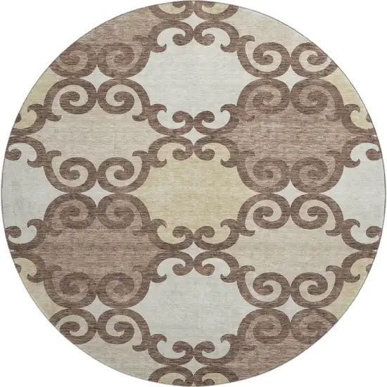 8' Brown And Beige Trellis Washable Round Rug With UV Protection Photo 1