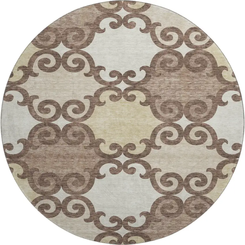 8' Brown And Beige Trellis Washable Round Rug With UV Protection Photo 1
