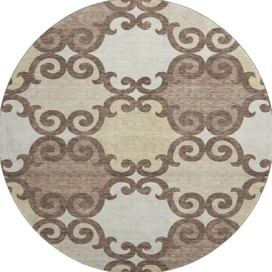 8' Brown And Beige Trellis Washable Round Rug With UV Protection Photo 3