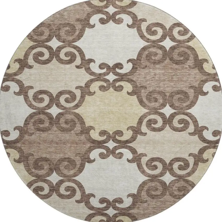 8' Brown And Beige Trellis Washable Round Rug With UV Protection Photo 3