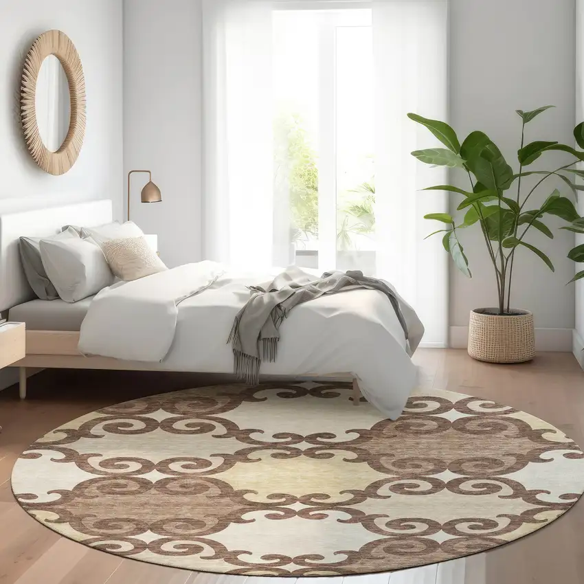 8' Brown And Beige Trellis Washable Round Rug With UV Protection Photo 5