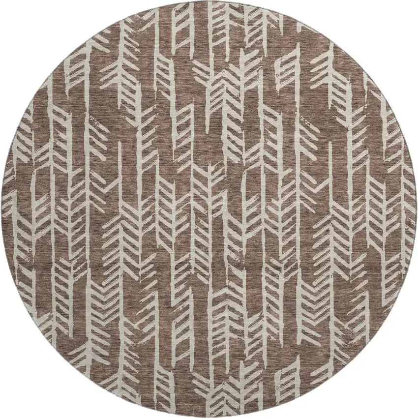 8' Brown And Beige Tribal Washable Round Rug With UV Protection Photo 1