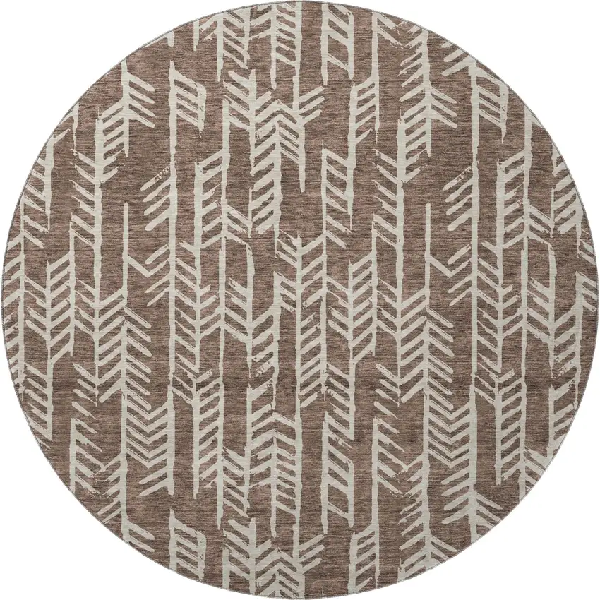 8' Brown And Beige Tribal Washable Round Rug With UV Protection Photo 3