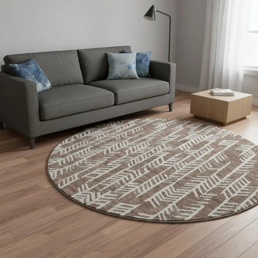 8' Brown And Beige Tribal Washable Round Rug With UV Protection Photo 2