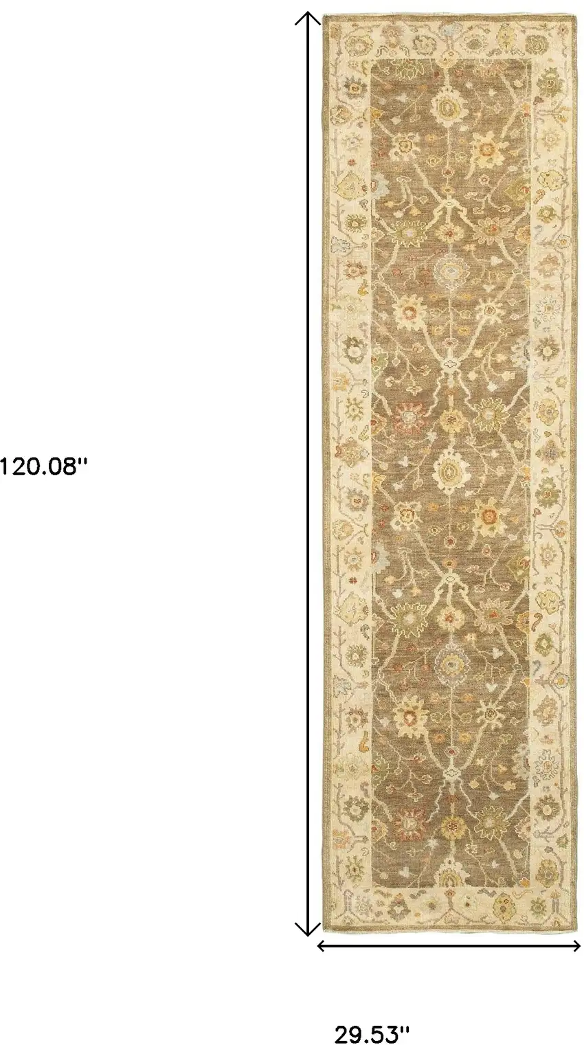 10' Brown And Beige Wool Oriental Hand Knotted Runner Rug Photo 3