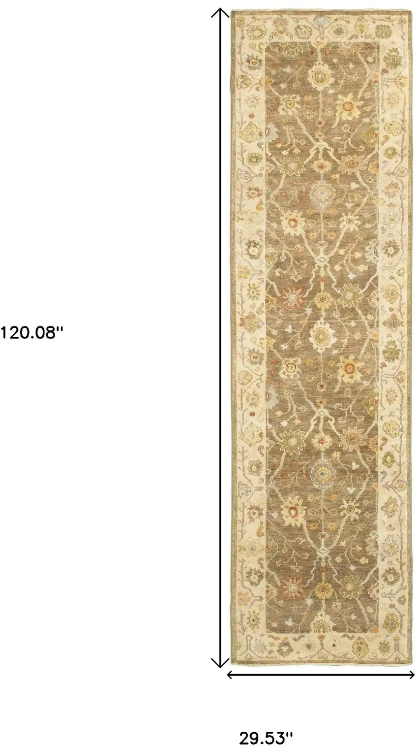 10' Brown And Beige Wool Oriental Hand Knotted Runner Rug Photo 3