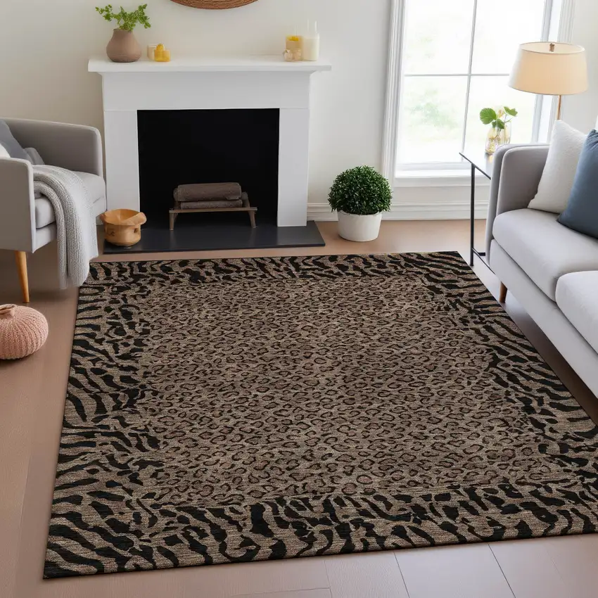 8' Brown And Black Animal Print Washable Area Rug With UV Protection Photo 4