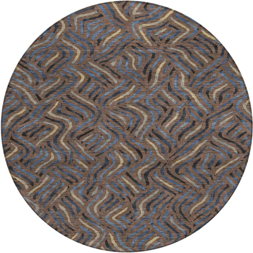 8' Brown And Black Round Abstract Washable Indoor Outdoor Area Rug Photo 1