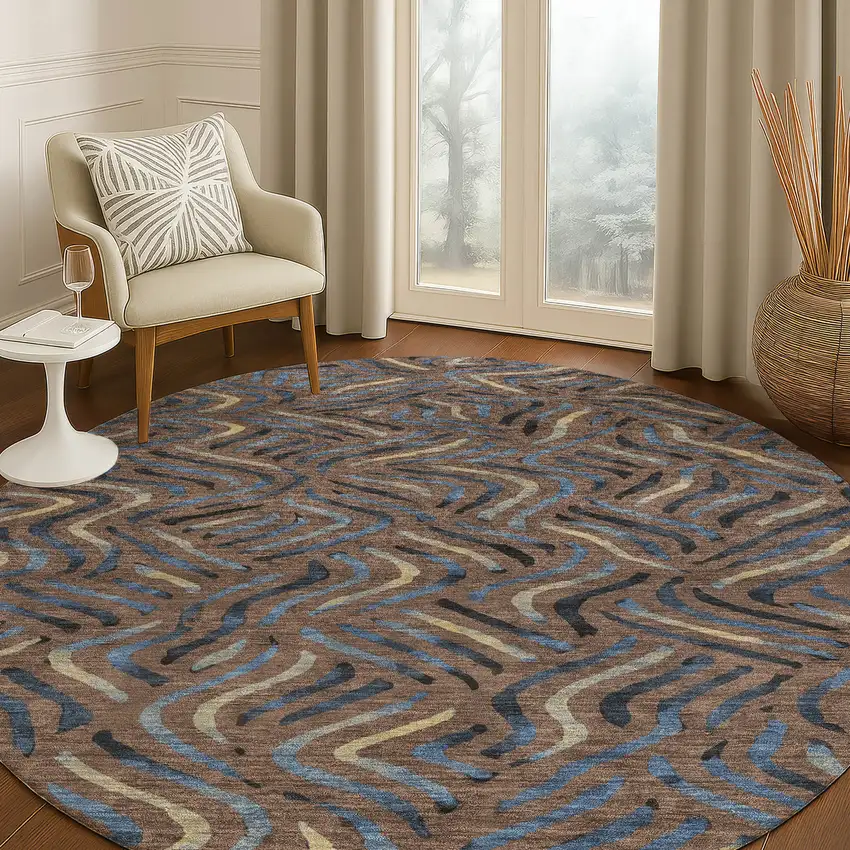 8' Brown And Black Round Abstract Washable Indoor Outdoor Area Rug Photo 5