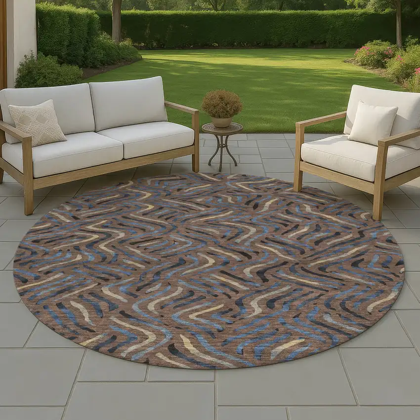 8' Brown And Black Round Abstract Washable Indoor Outdoor Area Rug Photo 4