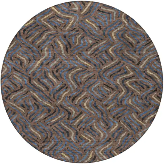 8' Brown And Black Round Abstract Washable Indoor Outdoor Area Rug Photo 3