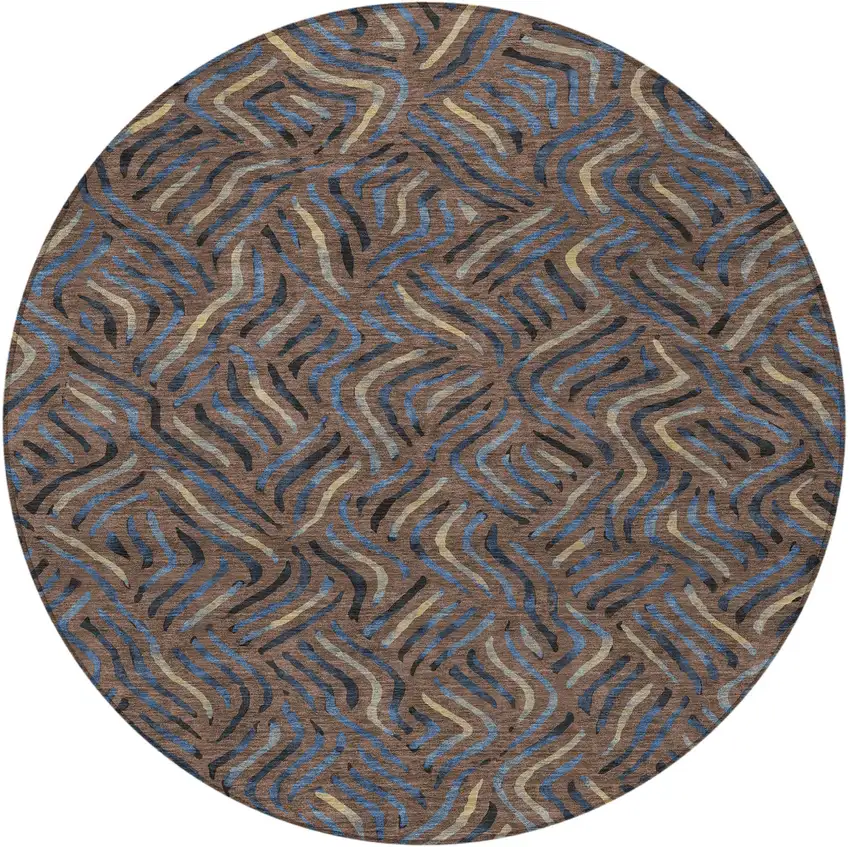 8' Brown And Black Round Abstract Washable Indoor Outdoor Area Rug Photo 3