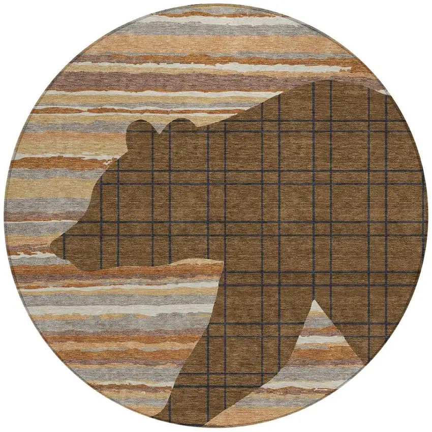 8' Brown And Black Round Abstract Washable Indoor Outdoor Area Rug Photo 3