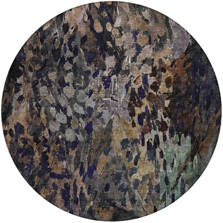 8' Brown And Black Round Abstract Washable Indoor Outdoor Area Rug Photo 3
