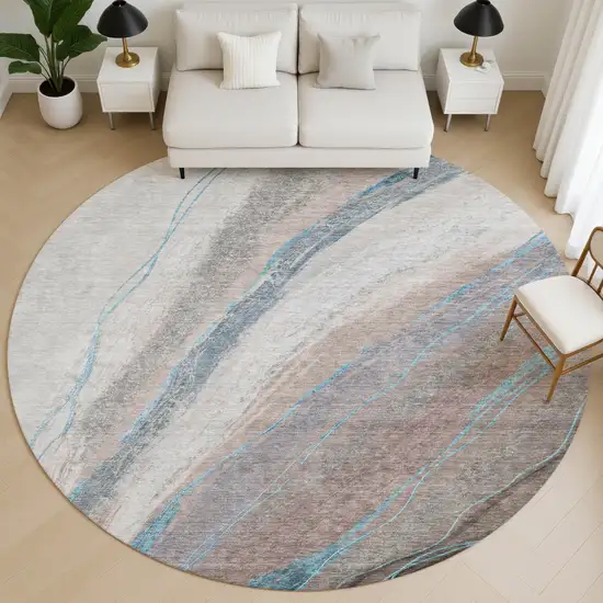 8' Brown And Blue Abstract Washable Round Rug With UV Protection Photo 4
