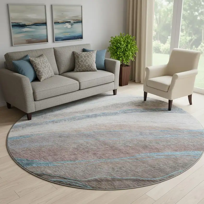 8' Brown And Blue Abstract Washable Round Rug With UV Protection Photo 1