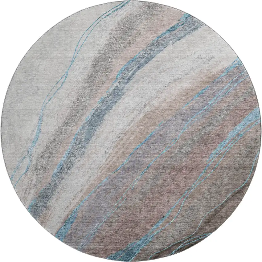 8' Brown And Blue Abstract Washable Round Rug With UV Protection Photo 1