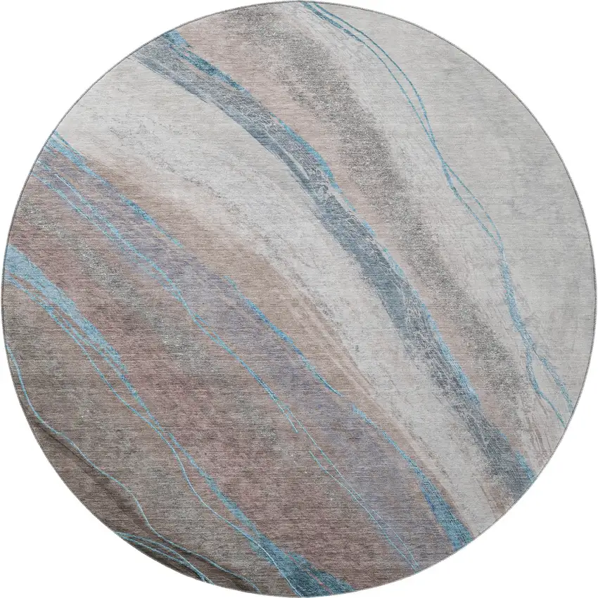 8' Brown And Blue Abstract Washable Round Rug With UV Protection Photo 3