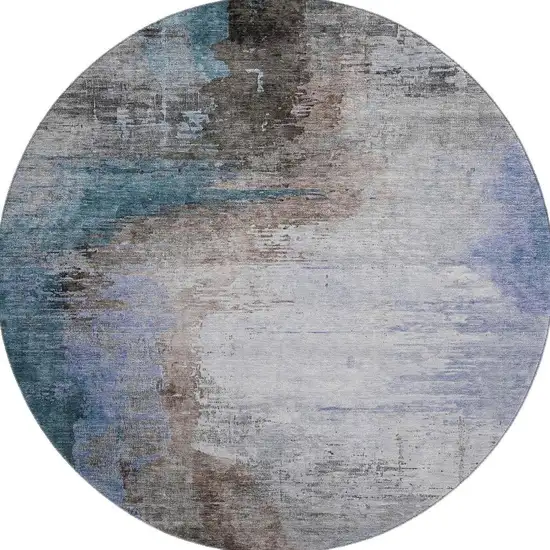 8' Brown And Blue Abstract Washable Round Rug With UV Protection Photo 3