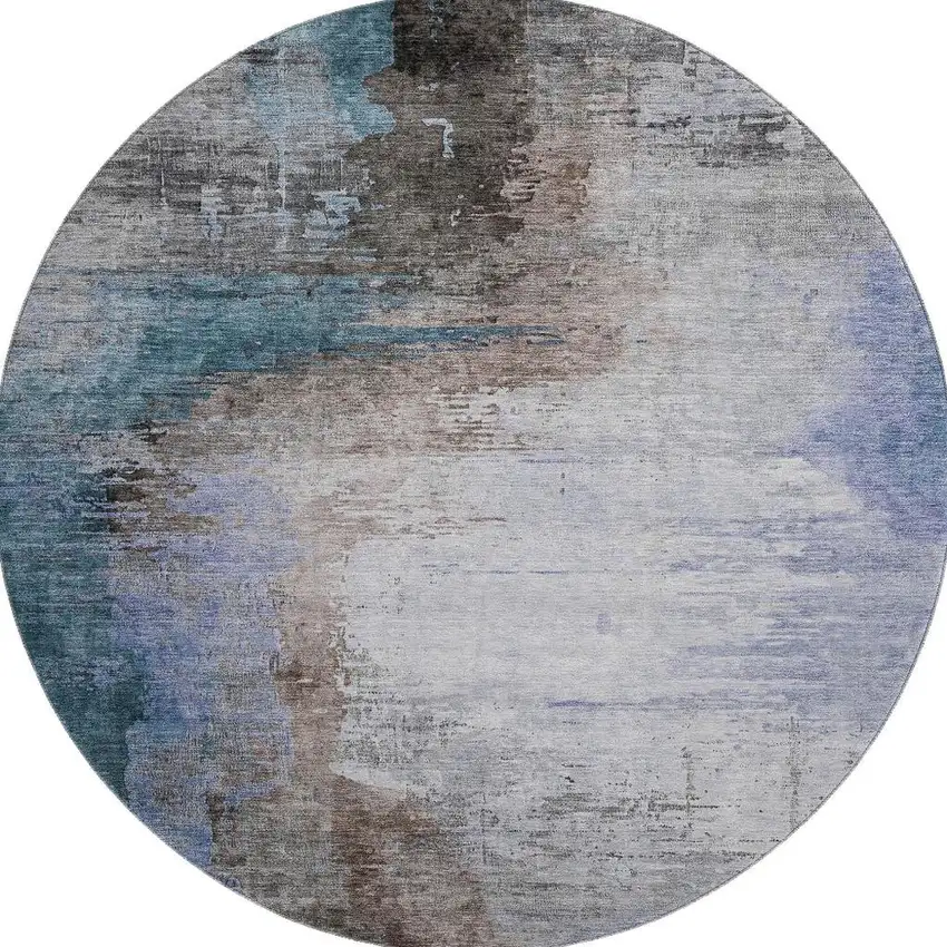 8' Brown And Blue Abstract Washable Round Rug With UV Protection Photo 3