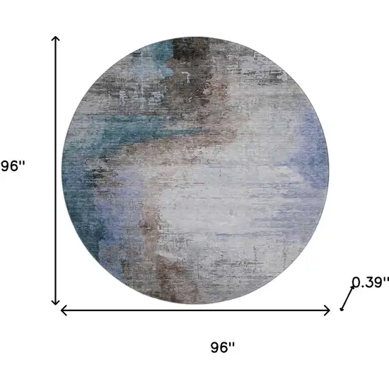 8' Brown And Blue Abstract Washable Round Rug With UV Protection Photo 9
