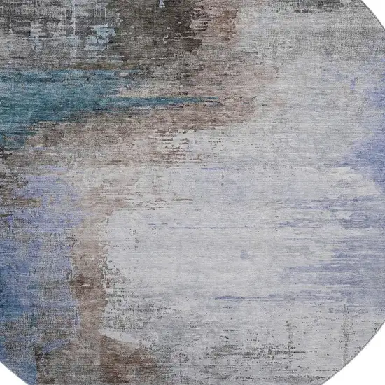 8' Brown And Blue Abstract Washable Round Rug With UV Protection Photo 4