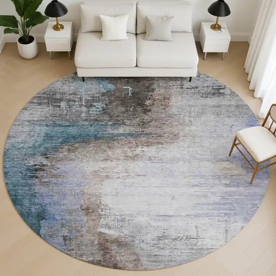 8' Brown And Blue Abstract Washable Round Rug With UV Protection Photo 5