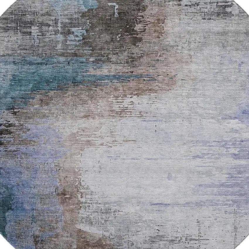 8' Brown And Blue Abstract Washable Round Rug With UV Protection Photo 6