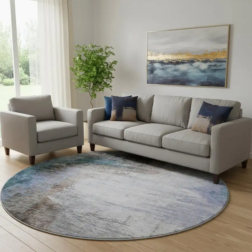 8' Brown And Blue Abstract Washable Round Rug With UV Protection Photo 2