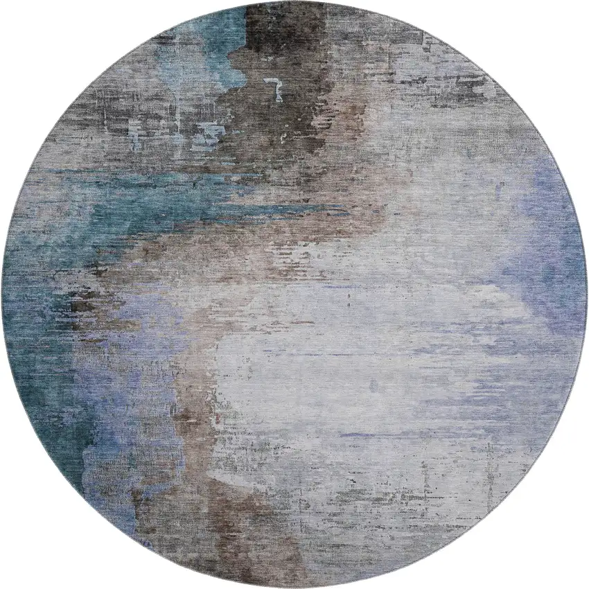 8' Brown And Blue Abstract Washable Round Rug With UV Protection Photo 1
