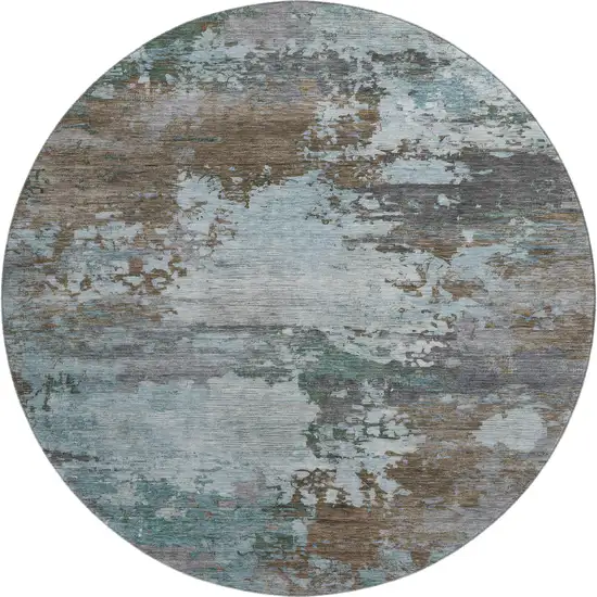 8' Brown And Blue Abstract Washable Round Rug With UV Protection Photo 1
