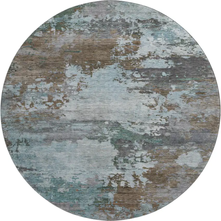 8' Brown And Blue Abstract Washable Round Rug With UV Protection Photo 1