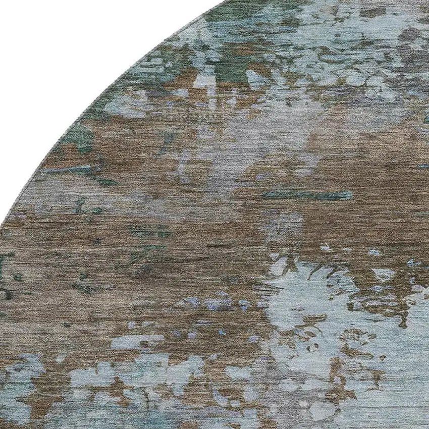 8' Brown And Blue Abstract Washable Round Rug With UV Protection Photo 3