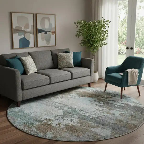8' Brown And Blue Abstract Washable Round Rug With UV Protection Photo 2