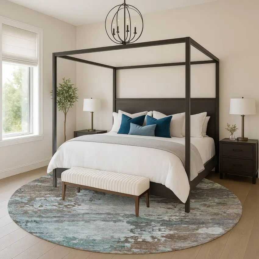 8' Brown And Blue Abstract Washable Round Rug With UV Protection Photo 5