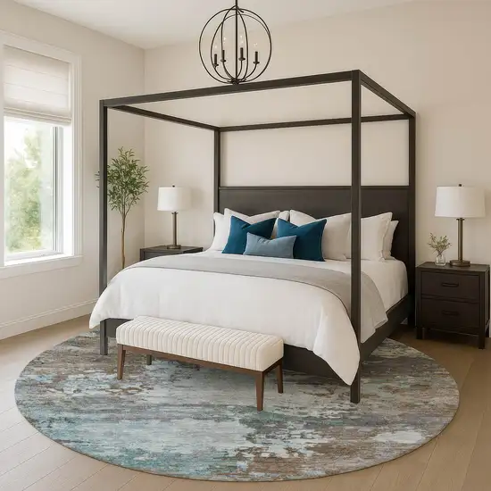 8' Brown And Blue Abstract Washable Round Rug With UV Protection Photo 5