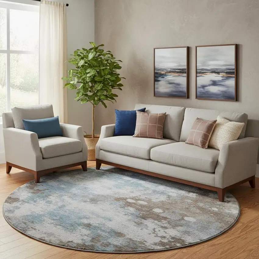 8' Brown And Blue Abstract Washable Round Rug With UV Protection Photo 2