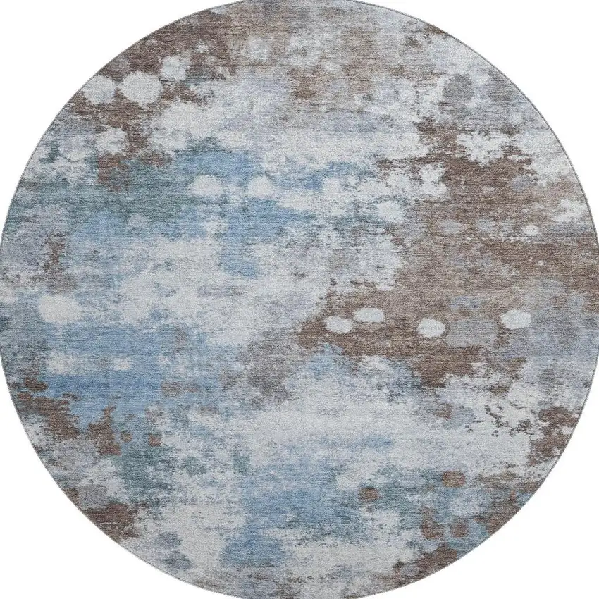 8' Brown And Blue Abstract Washable Round Rug With UV Protection Photo 4