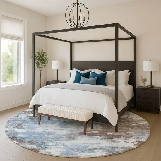 8' Brown And Blue Abstract Washable Round Rug With UV Protection Photo 5