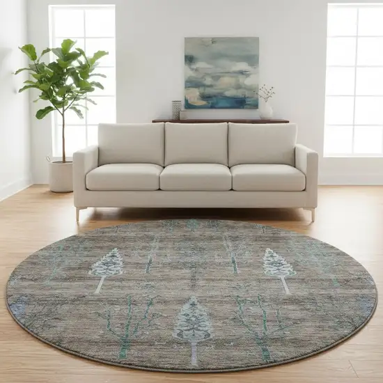 8' Brown And Blue Floral Washable Round Rug With UV Protection Photo 2