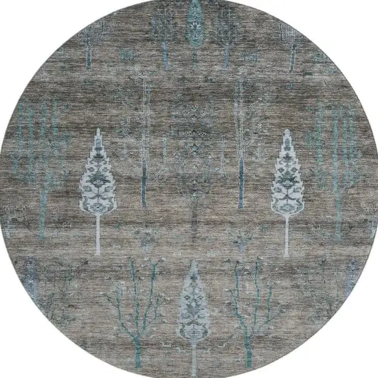 8' Brown And Blue Floral Washable Round Rug With UV Protection Photo 4