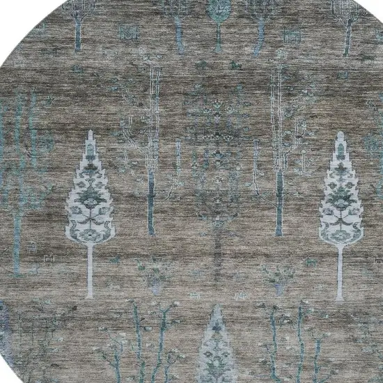 8' Brown And Blue Floral Washable Round Rug With UV Protection Photo 3