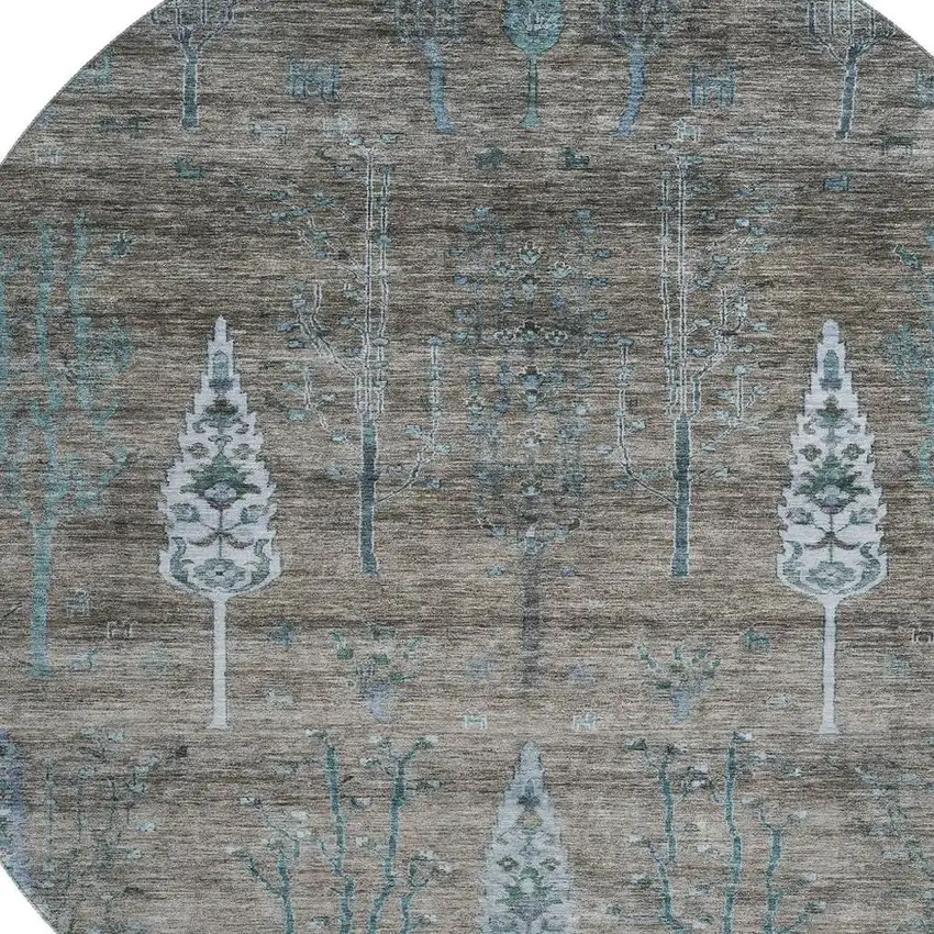 8' Brown And Blue Floral Washable Round Rug With UV Protection Photo 3